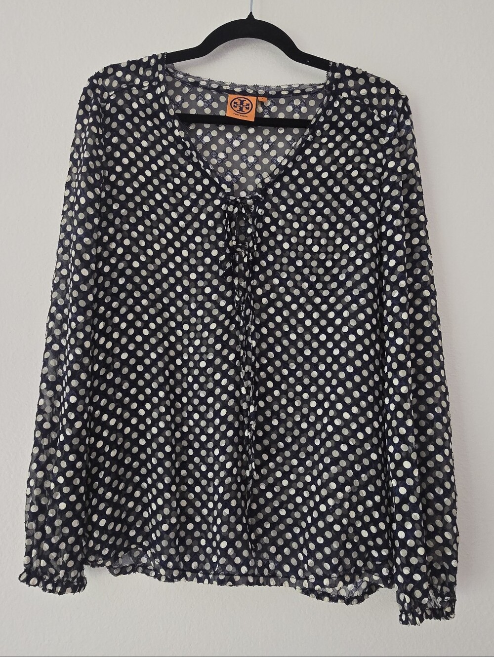 Tory Burch Navy and White Polka Dot Sheer Tie-Front Blouse